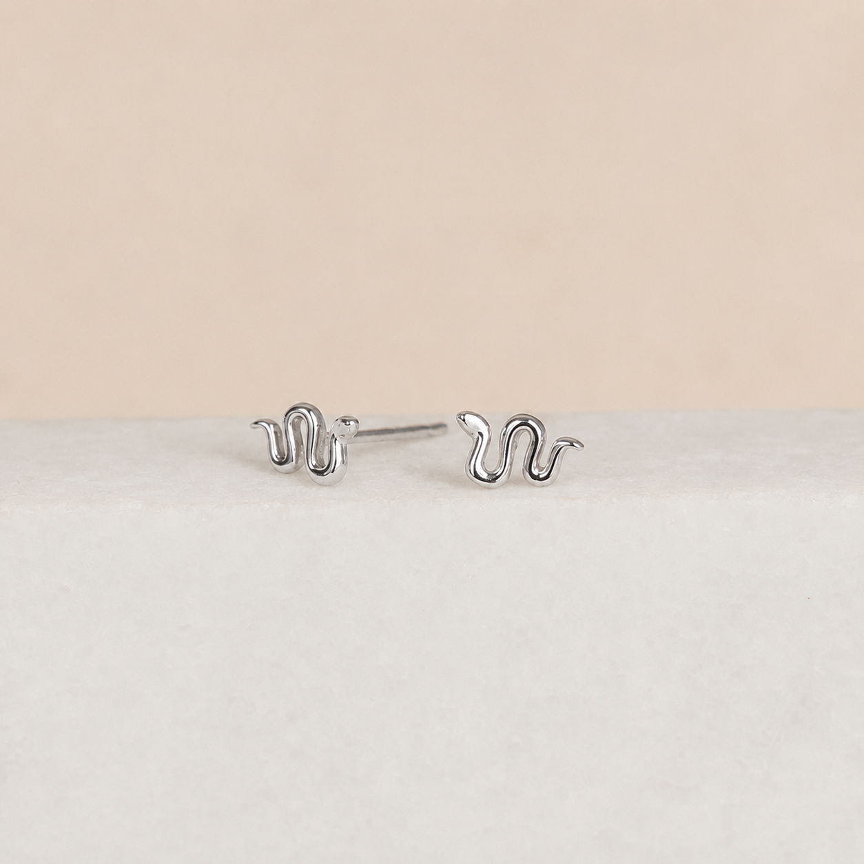 Silver snake-shaped earrings on a light gray surface with a beige background
